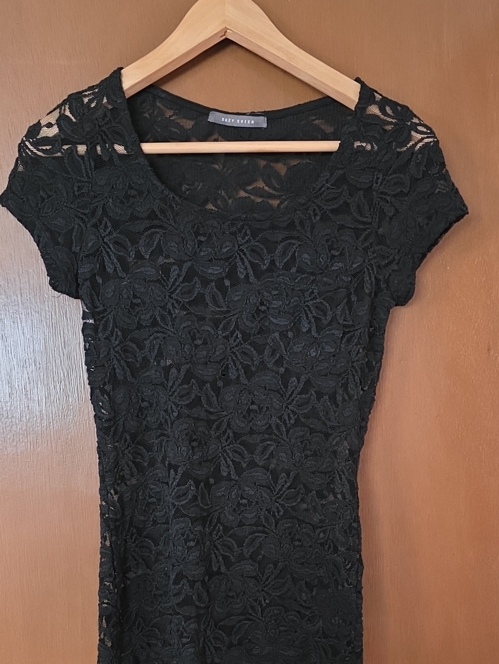 Suzy Shier Black Lace Top with Floral Mesh